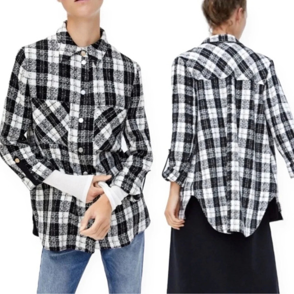 Zara Black Tweed Plaid Oversized Barn Coat Women’s Medium Shirt Jacket Gorpcore - Picture 1 of 10